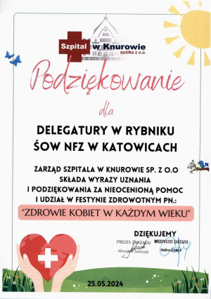 Podziękowanie Szpitala w Knurowie Sp. z o.o.