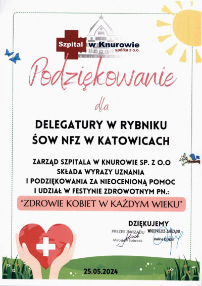 Podziękowanie Szpitala w Knurowie Sp. z o.o.